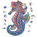 Irregular three-dimensional seahorse shaped animal wooden puzzle in A5 size on a wooden surface