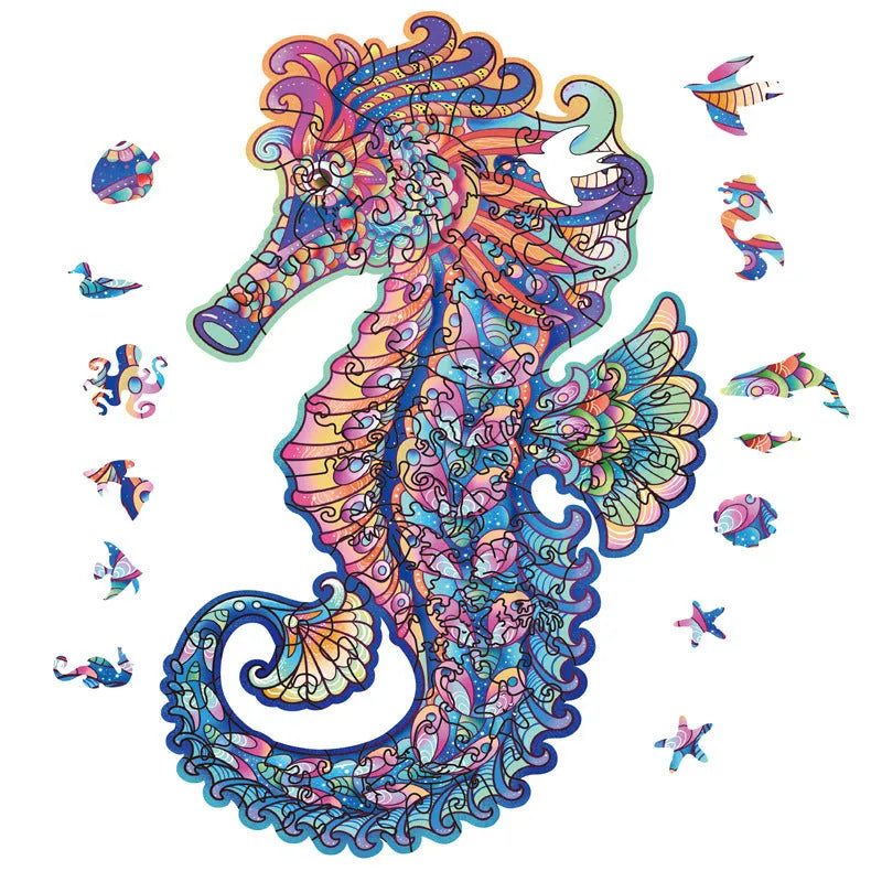 Irregular three-dimensional seahorse shaped animal wooden puzzle in A5 size on a wooden surface