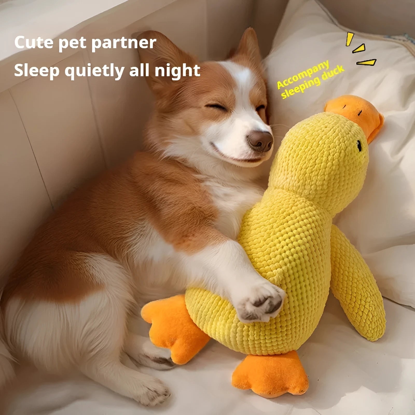Yellow plush duck dog toy with squeaker for chewing and calming, size option shown
