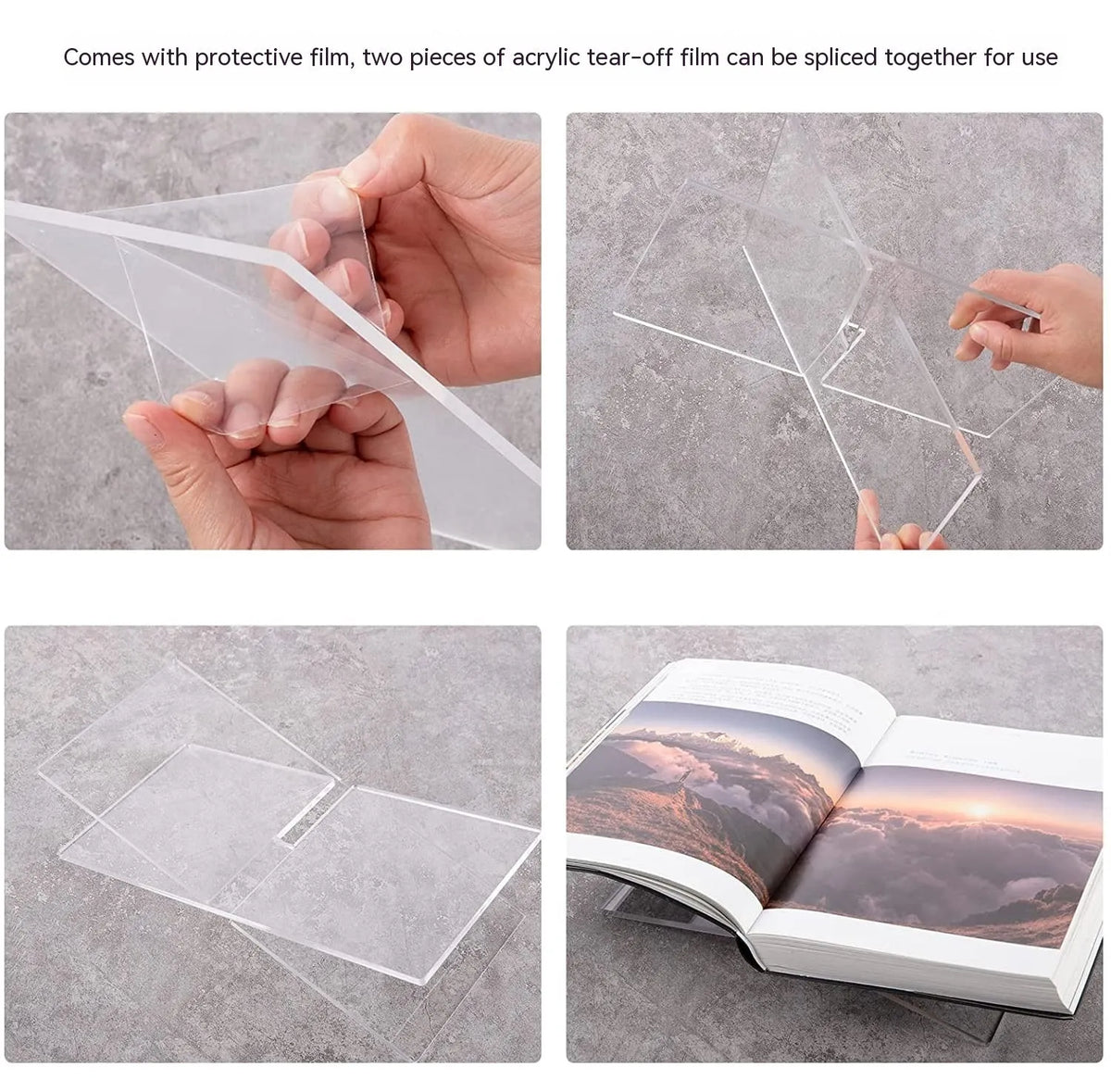 Clear acrylic X-shaped book reading rack displaying a book on a desktop.