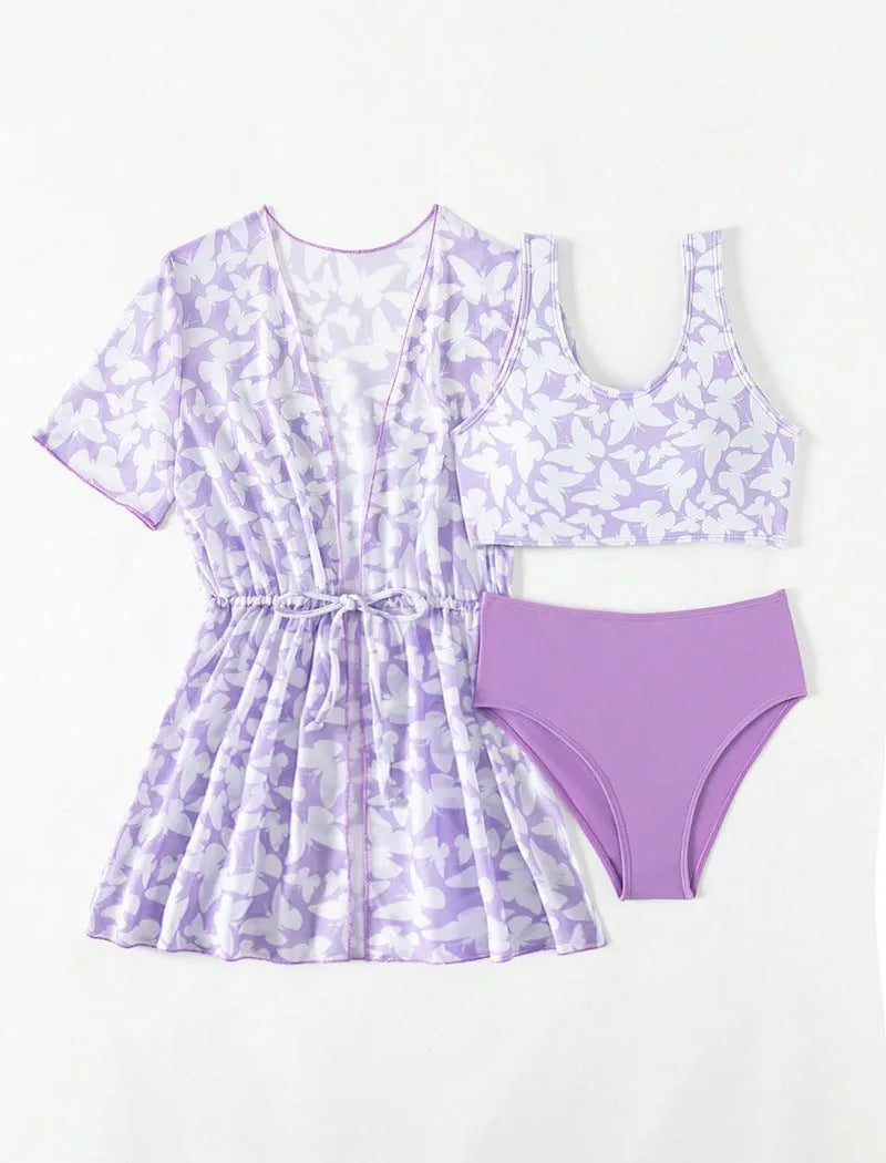 Three-piece polyester swimsuit set for girls aged 8-12 in colour 3218 with coat, vest, and pants