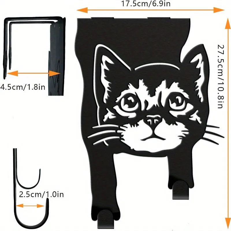 Black iron cat-shaped wall hook with punch-free mounting for decorative hanging