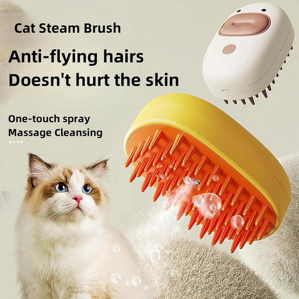 White rechargeable steam brush for cats and dogs with silicone grooming teeth and water tank