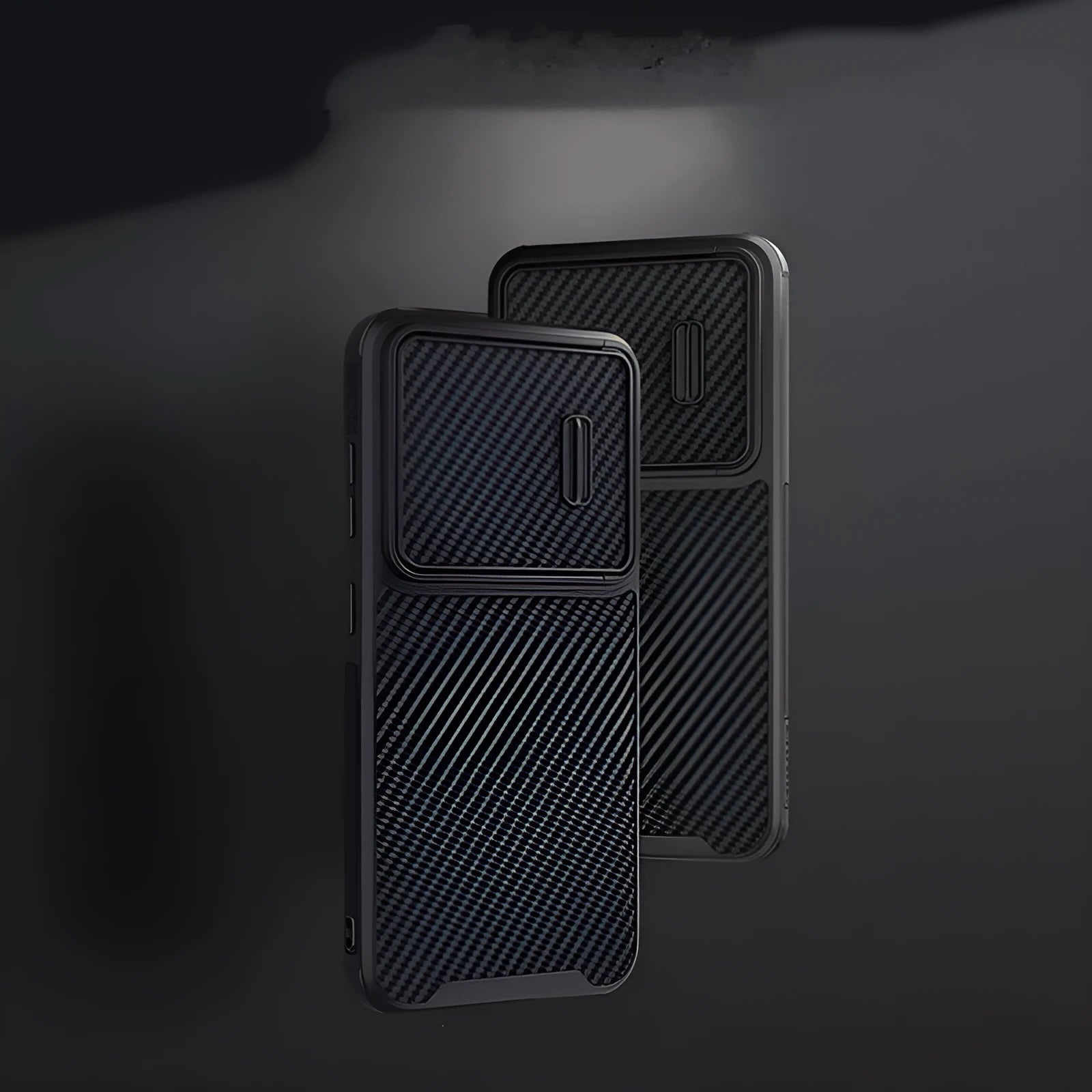 Matte black Samsung S23 Ultra phone case with a push-down camera lens cover, made from TPU, PC and carbon fibre.