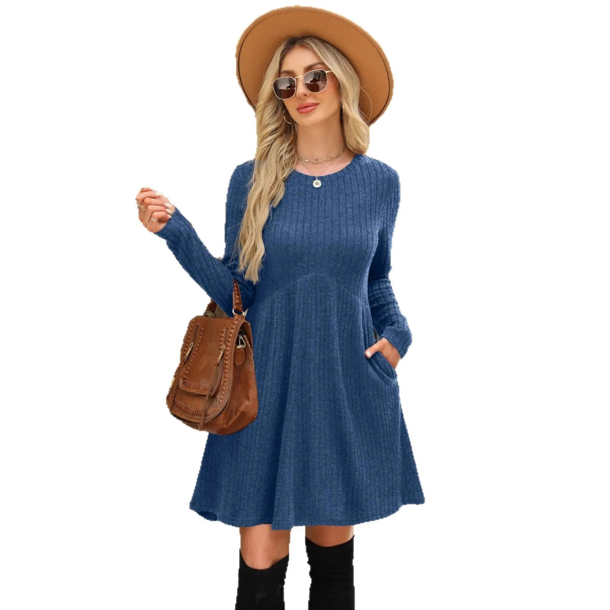 Women's bohemian brushed sunken stripe princess dress with wide waist and mid skirt in solid colour