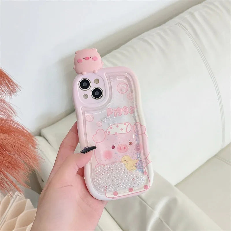 Pink lying pig quicksand phone case for iPhone with moving liquid inside water bag