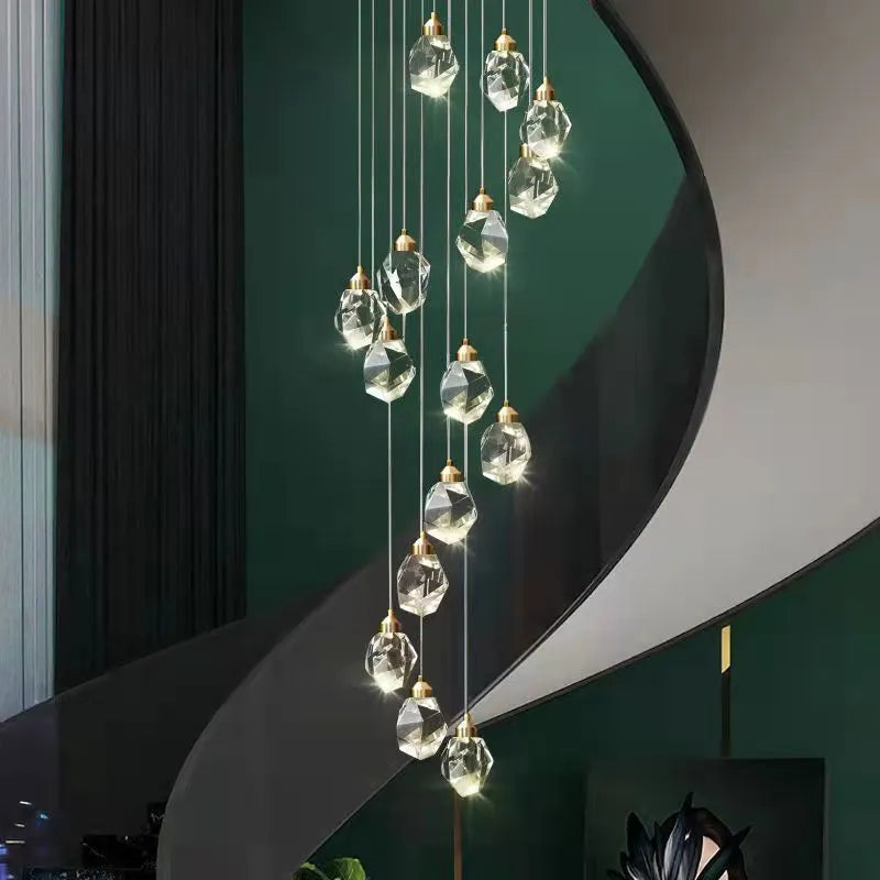 Long crane design crystal chandelier ceiling lamp for duplex stair lighting with infinite dimming