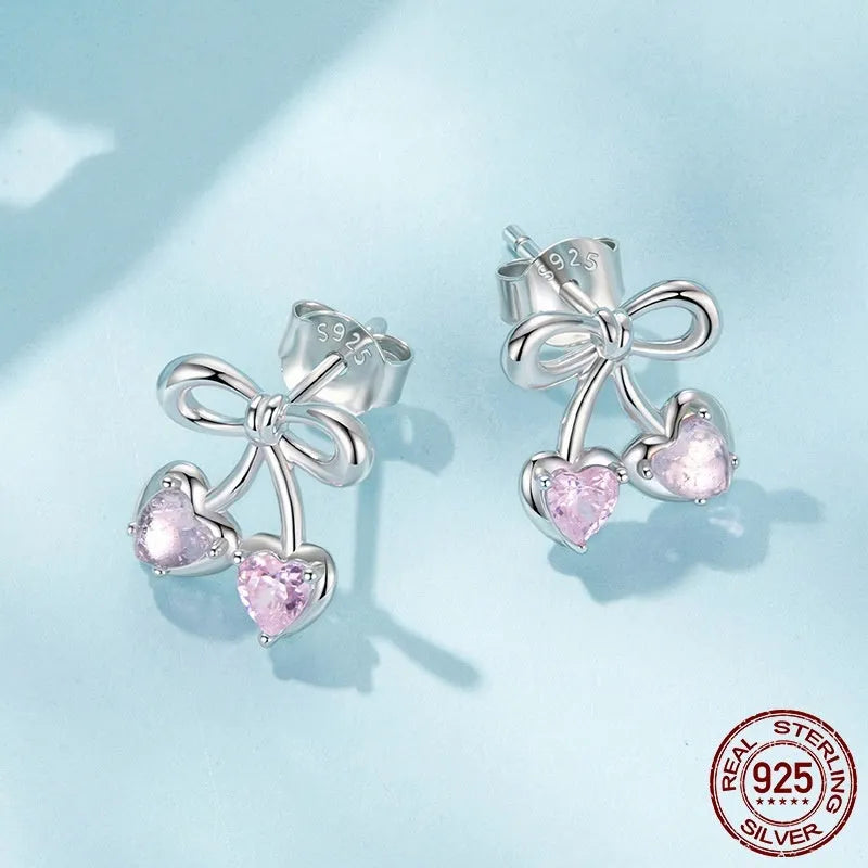 Sweet cherry stud earrings in S925 sterling silver with romantic heart detail, fairy style for women
