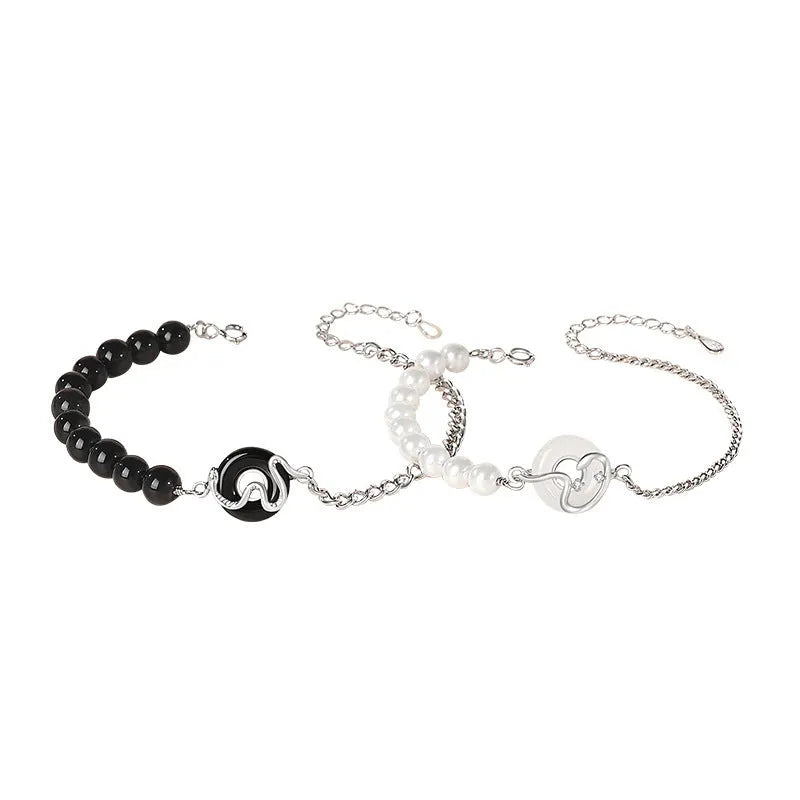 New Chinese style 925 sterling silver couple's bracelet with obsidian pearl, zodiac design, and safe buckle.