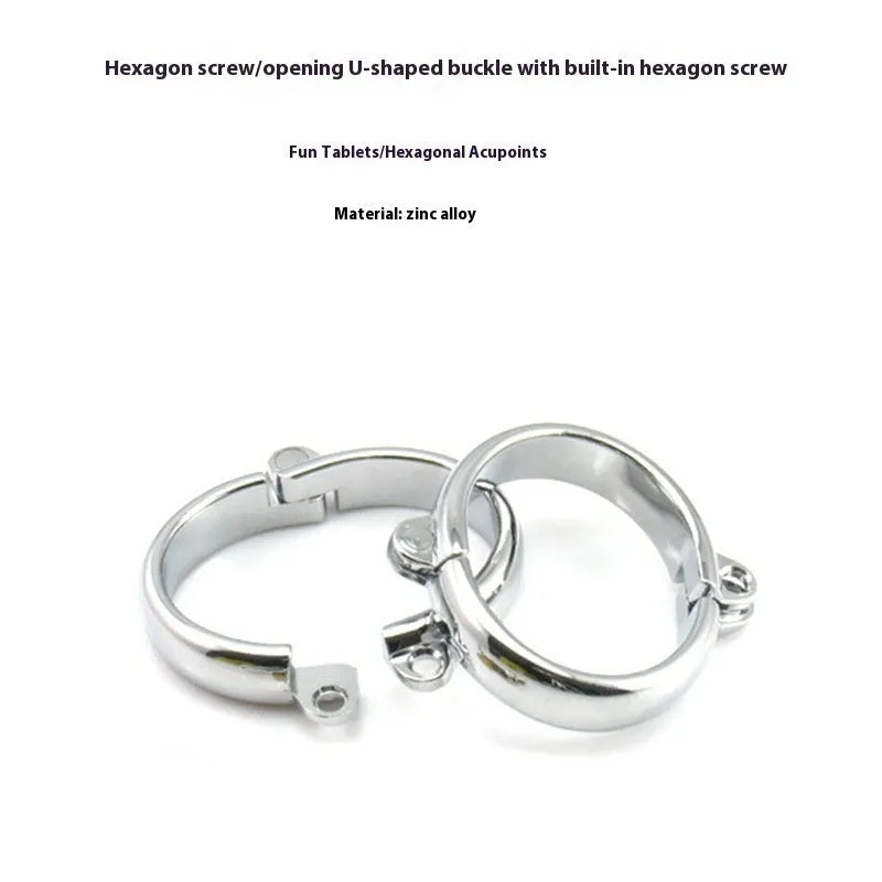 Silver zinc alloy handcuffs and footcuffs set with stainless steel bracelet attachments