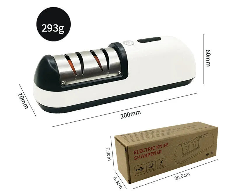 Rechargeable electric knife sharpener with ABS stainless steel body, USB charging port, compact size 20x6.3x7cm, black colour