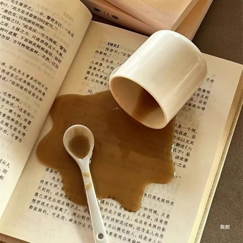 Overturned coffee decoration toy phone holder in macchiato colour on desk with plastic stent