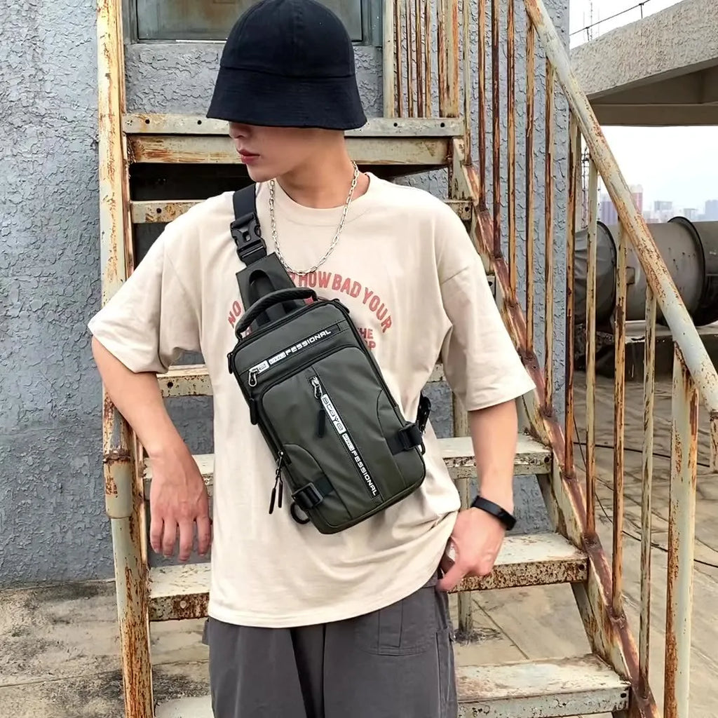 Men's waterproof nylon crossbody chest bag in khaki, medium square vertical section with zip closure and multiple compartments
