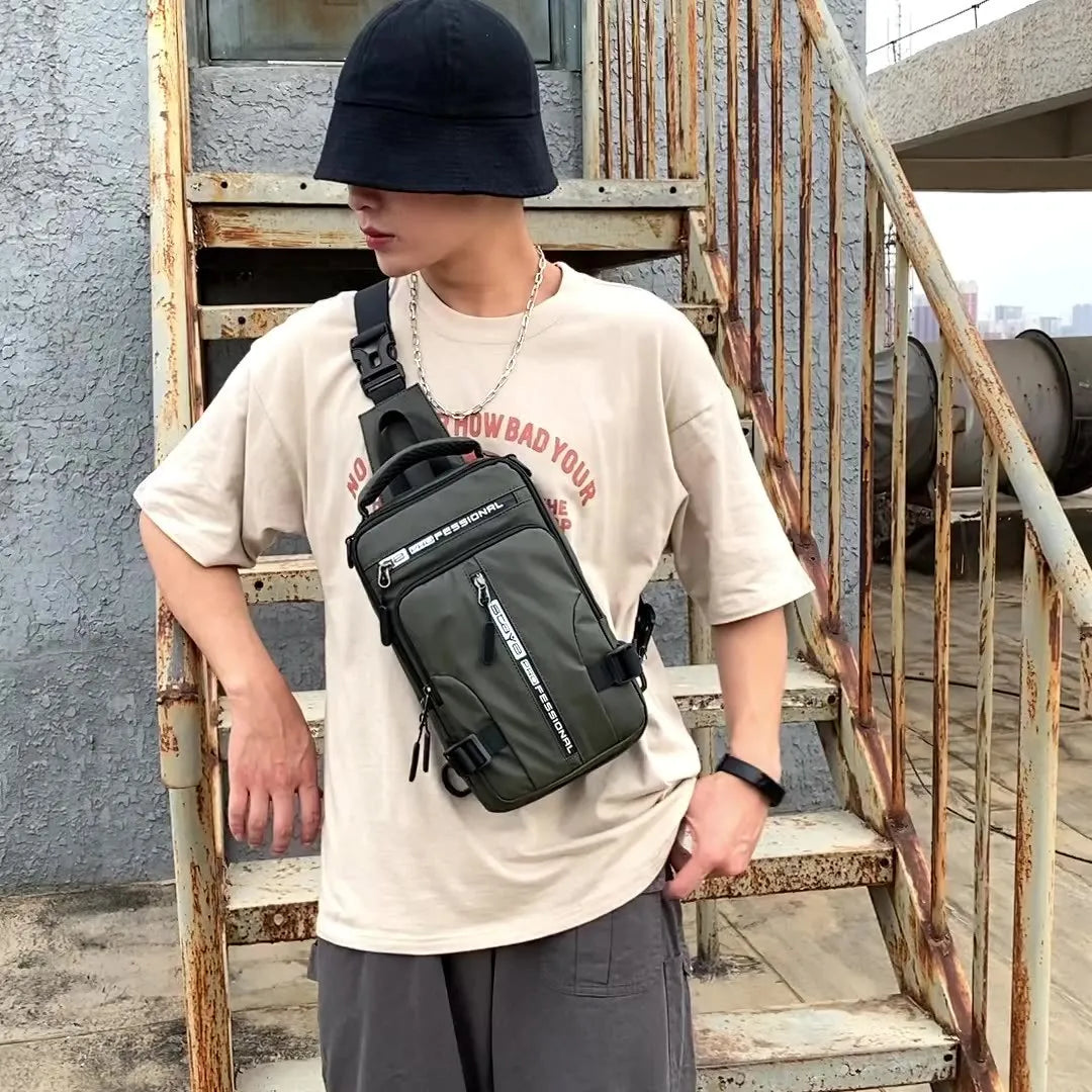 Men's waterproof nylon crossbody chest bag in khaki, medium square vertical section with zip closure and multiple compartments