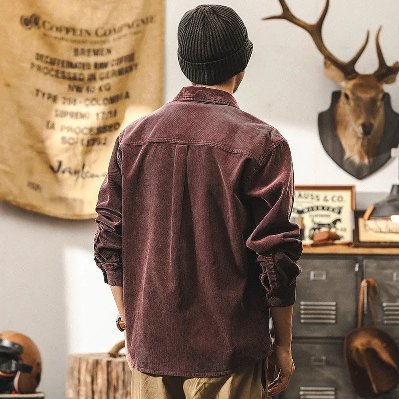 Men's black retro corduroy shirt jacket with long sleeves and loose fit casual design