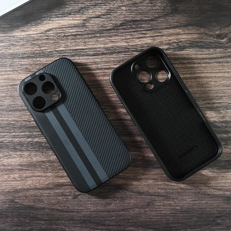 Black creative anti-fall imitation leather phone case for iPhone with wave pattern, shockproof and fingerprint-proof design.