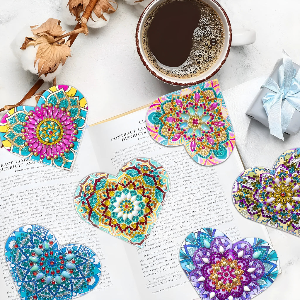 Set of six handmade PU leather bookmarks with crystal details and floral painting.