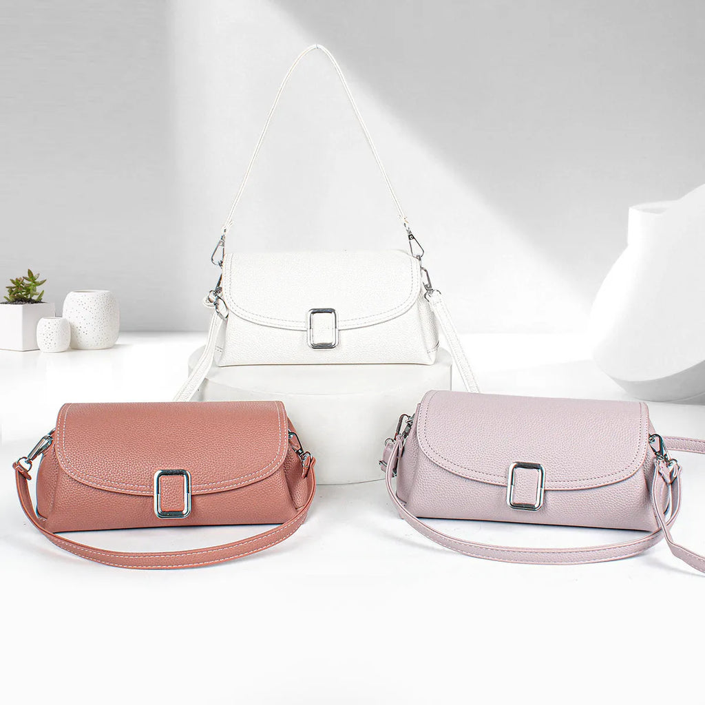 Women's PU leather shoulder handbag in crossbody design with adjustable strap showing beige colour option