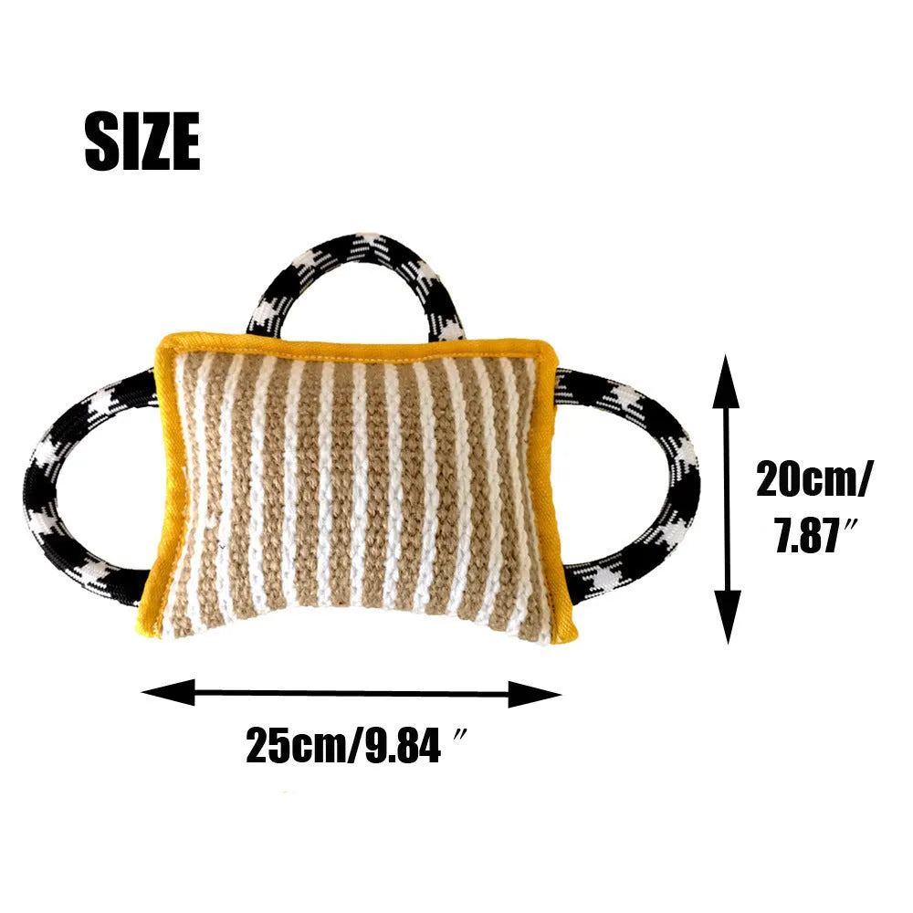 Colourful dog tug toy with a jute bite pillow centre and three rope handles.