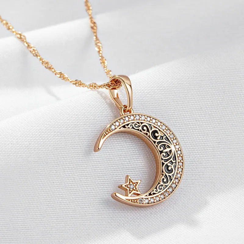 Rose gold tone star moon necklace with zircon enamel pendant on a water wave chain, unisex 21-50cm