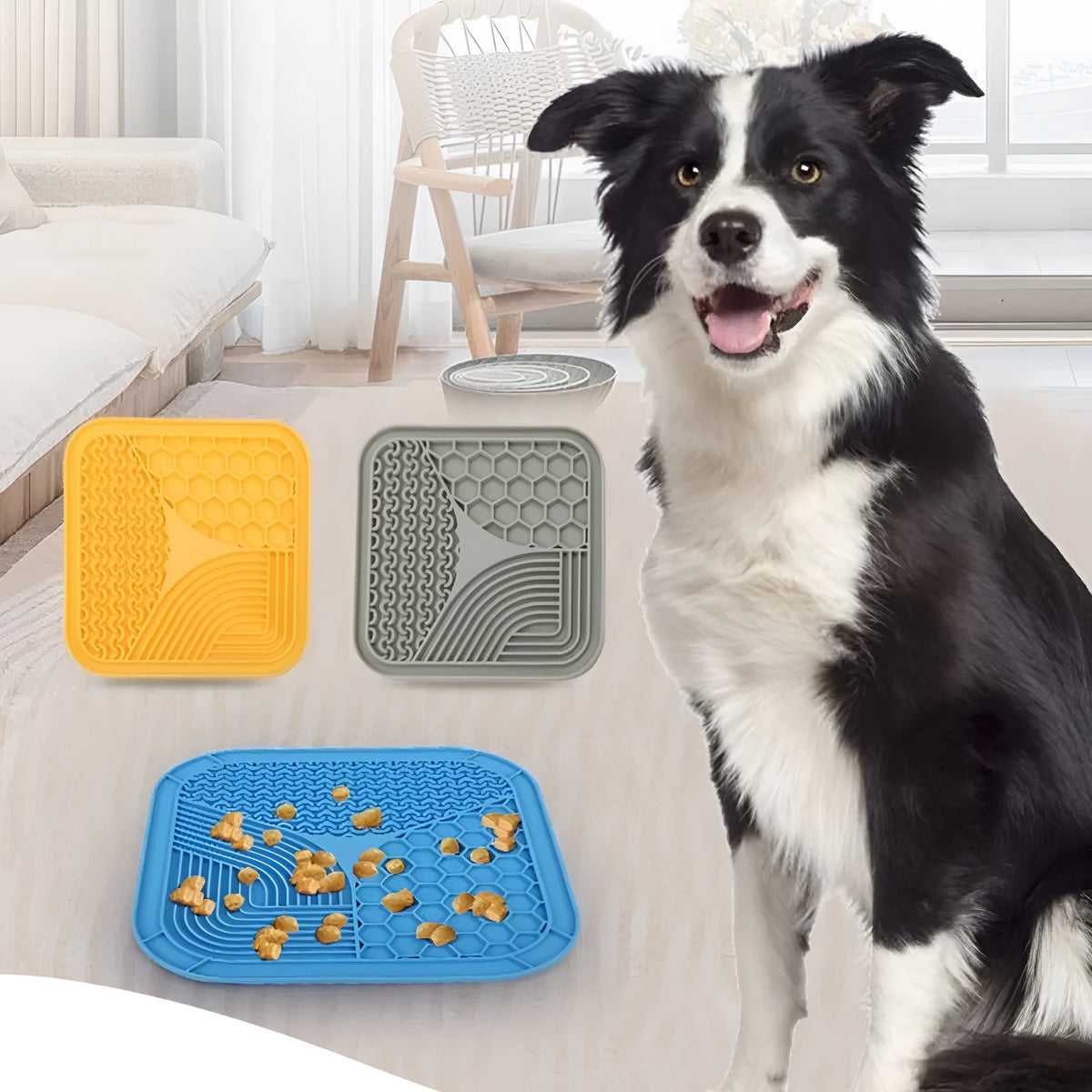 Silicone dog licking pad in grey, blue, or yellow, 20.8cm or 15cm size, 0.7cm thick