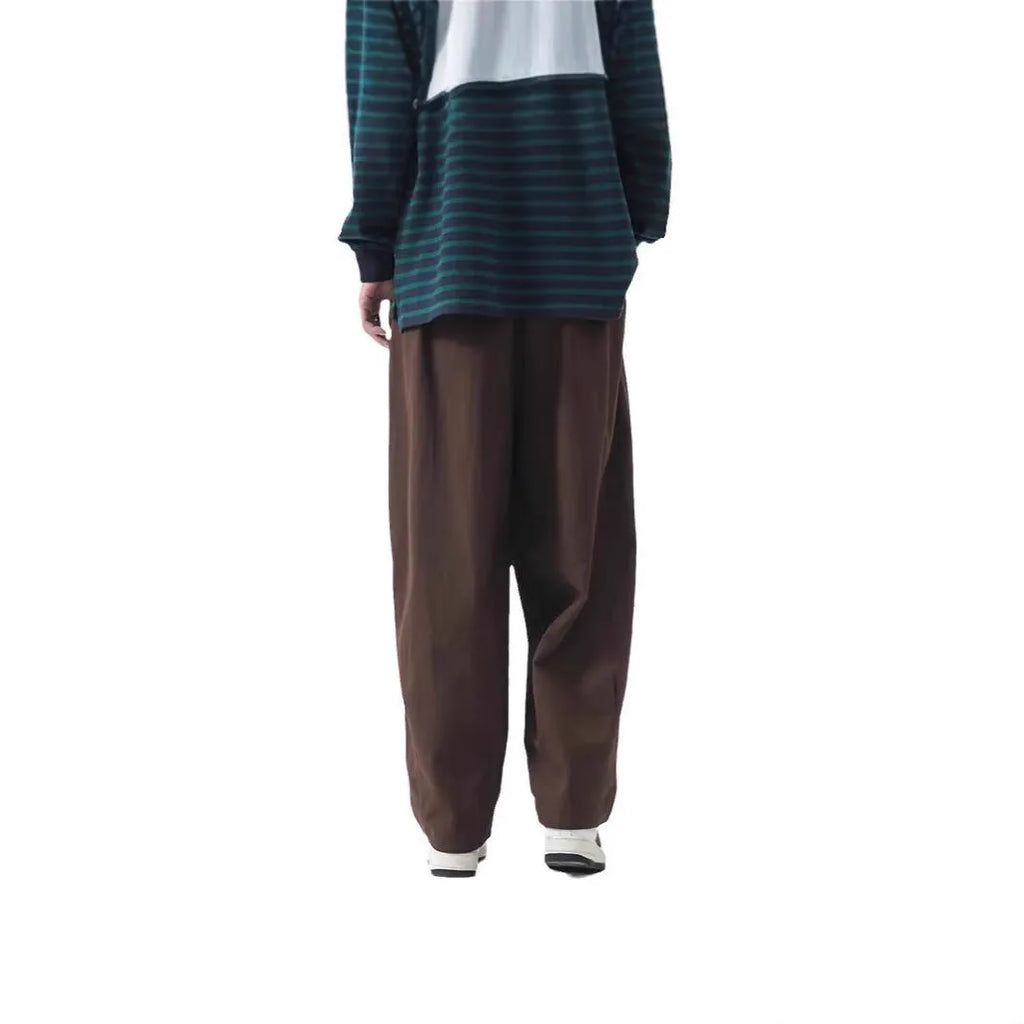 Cotton men's loose wide leg pants in black, straight leg cut with drawstring waist, mid-rise, size M to 8XL