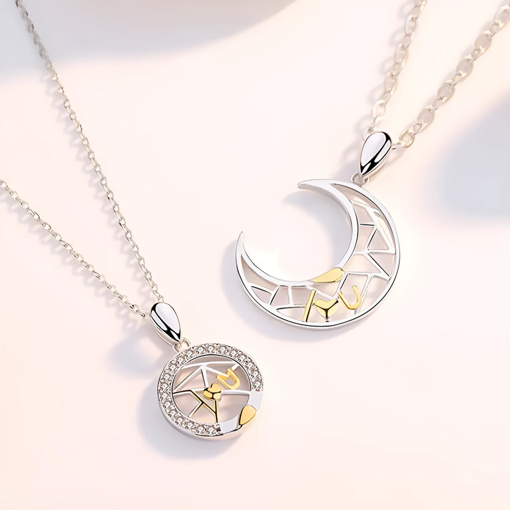 Sun and moon couple necklace with copper pendant and cross chain design for men and women