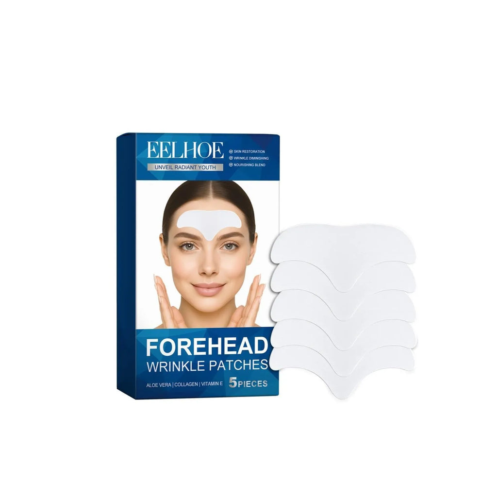 Pack of five white forehead skincare patches on non-woven fabric for moisturising treatment.