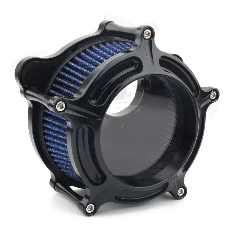 Aluminium air filter housing for car retrofit in various colour options including blue, red, and black.
