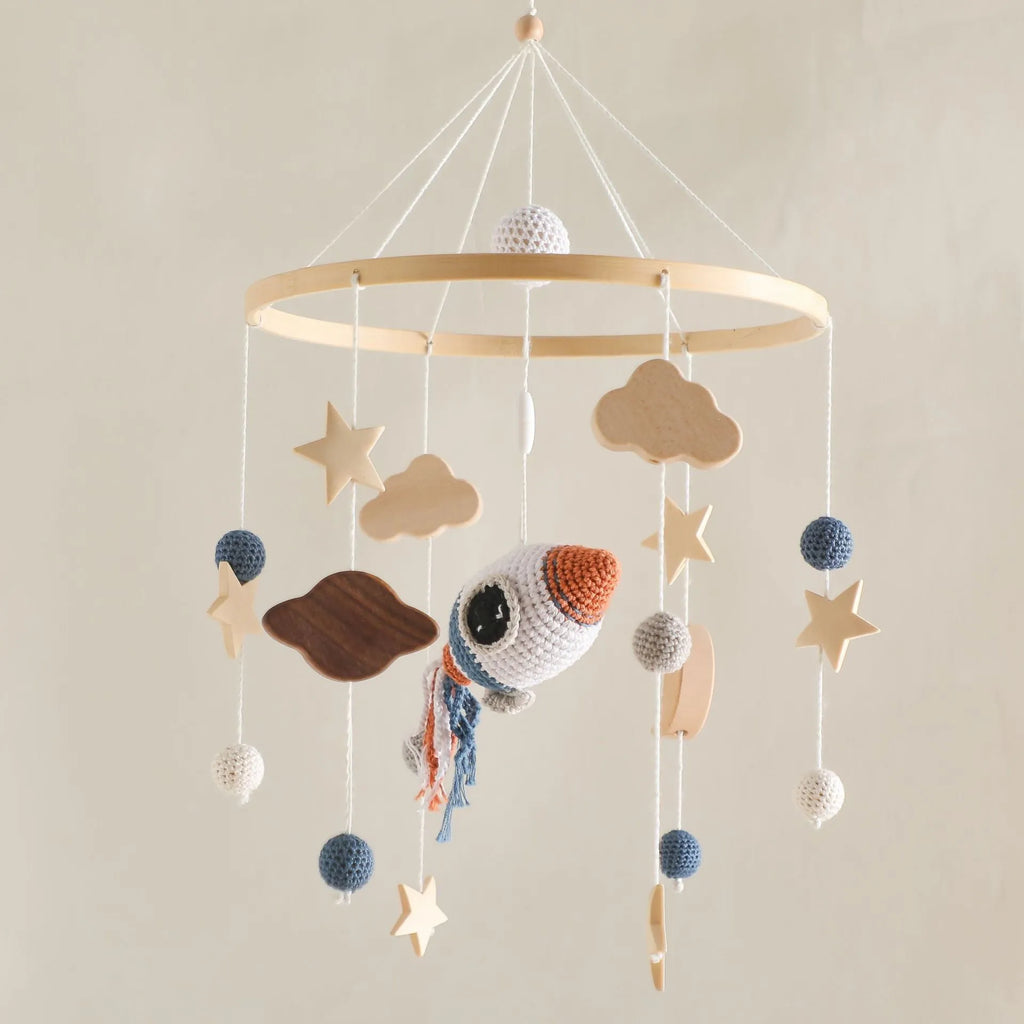 Wooden baby car hanging wind chime with crochet bed bell in moon, rainbow, sun or rocket options
