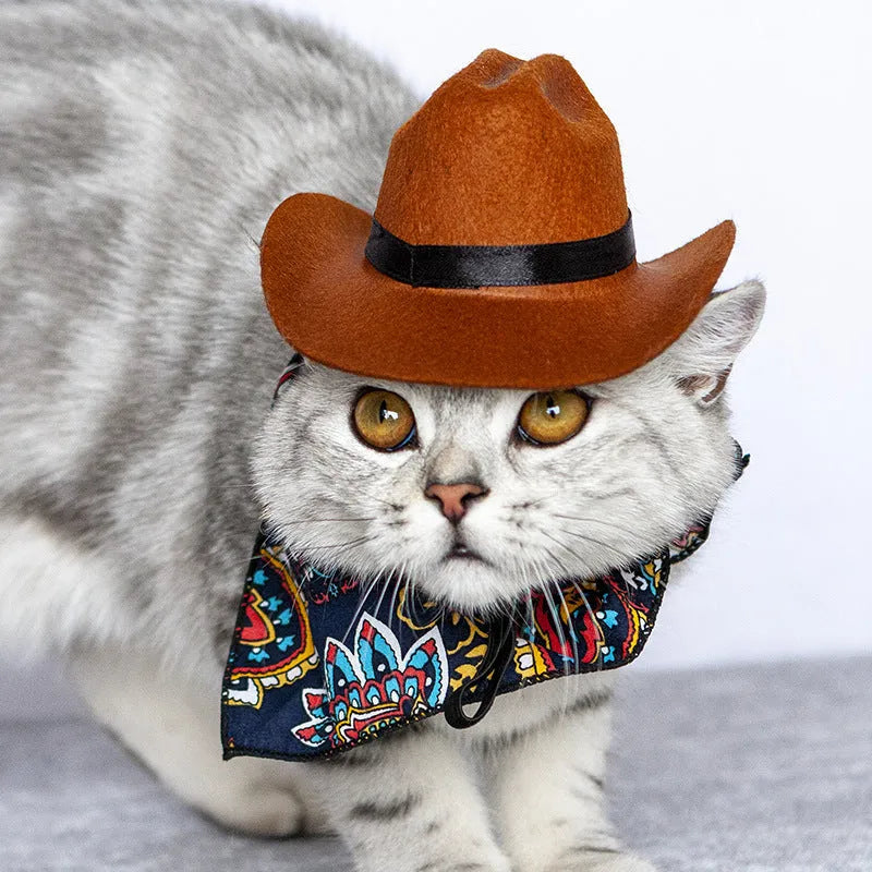 Small brown and straw cowboy hats for pet cats in S M and free sizes