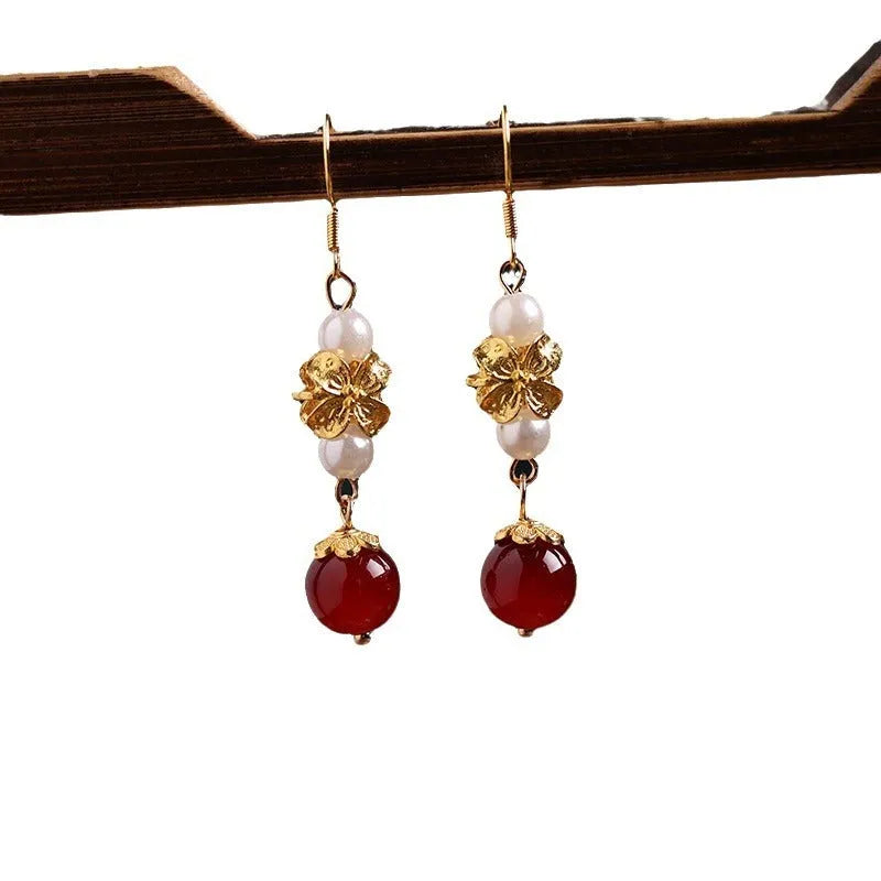 Women's vintage court style Han Cheongsam antique geometric alloy earrings with electroplated finish