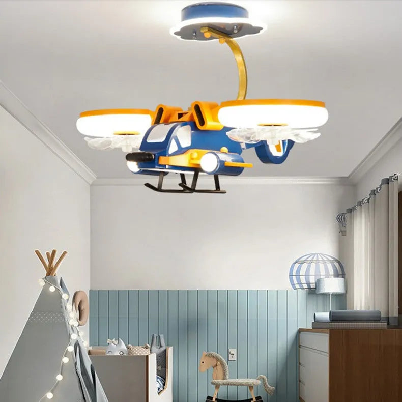 Yellow and blue ceiling fan light with acrylic shade and metal blades for bedroom installation