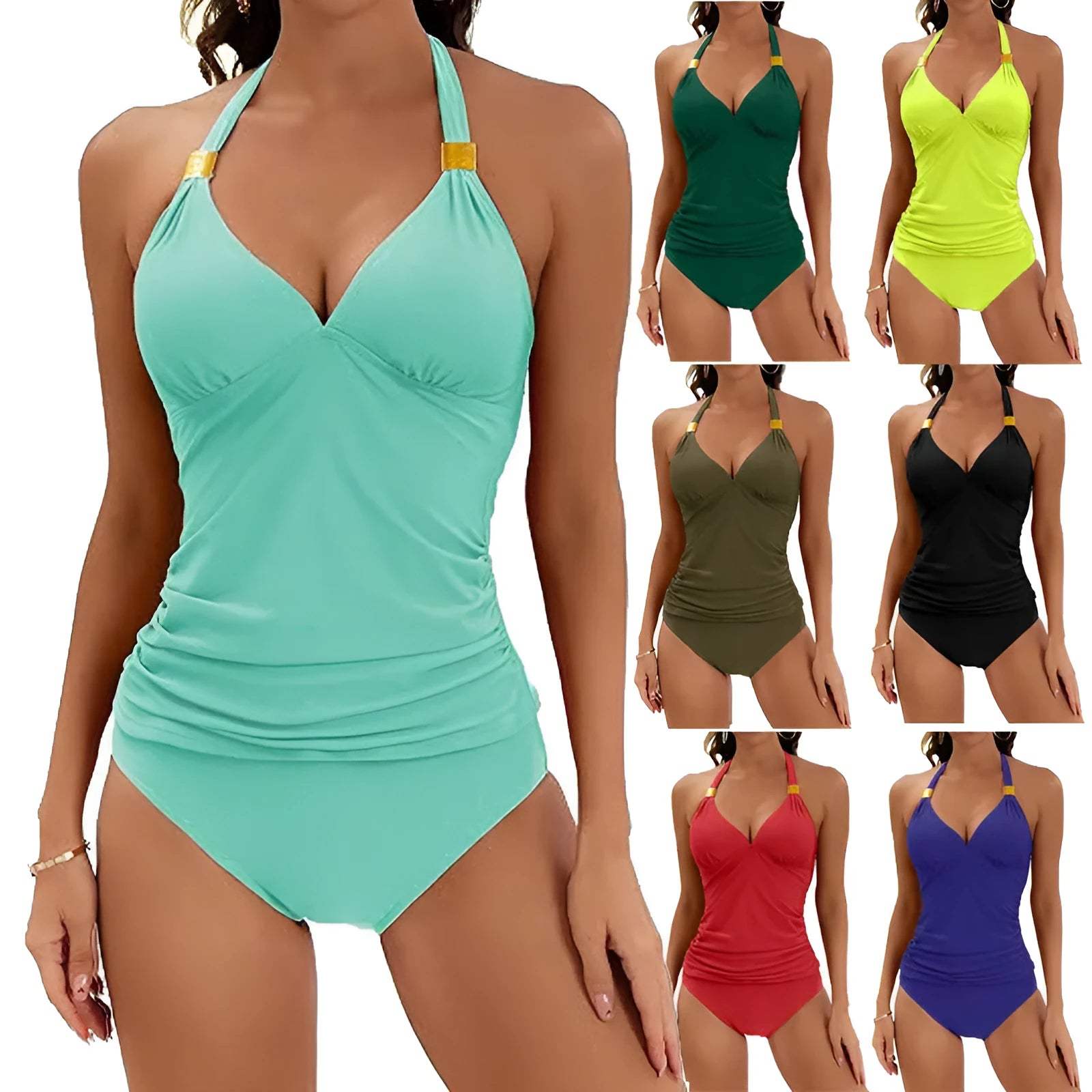 Women's halter neck bikini set in solid colour with V-neck top design