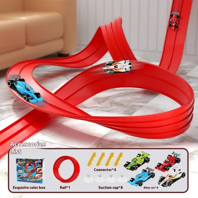 Cool DIY assembled inertia rail car set with plastic track and cars in red or blue options