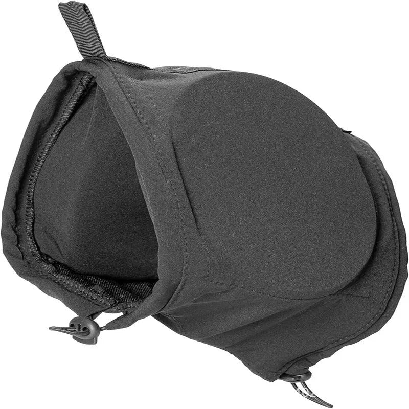 Black nylon dog earmuffs for noise reduction against thunder and fireworks, side view