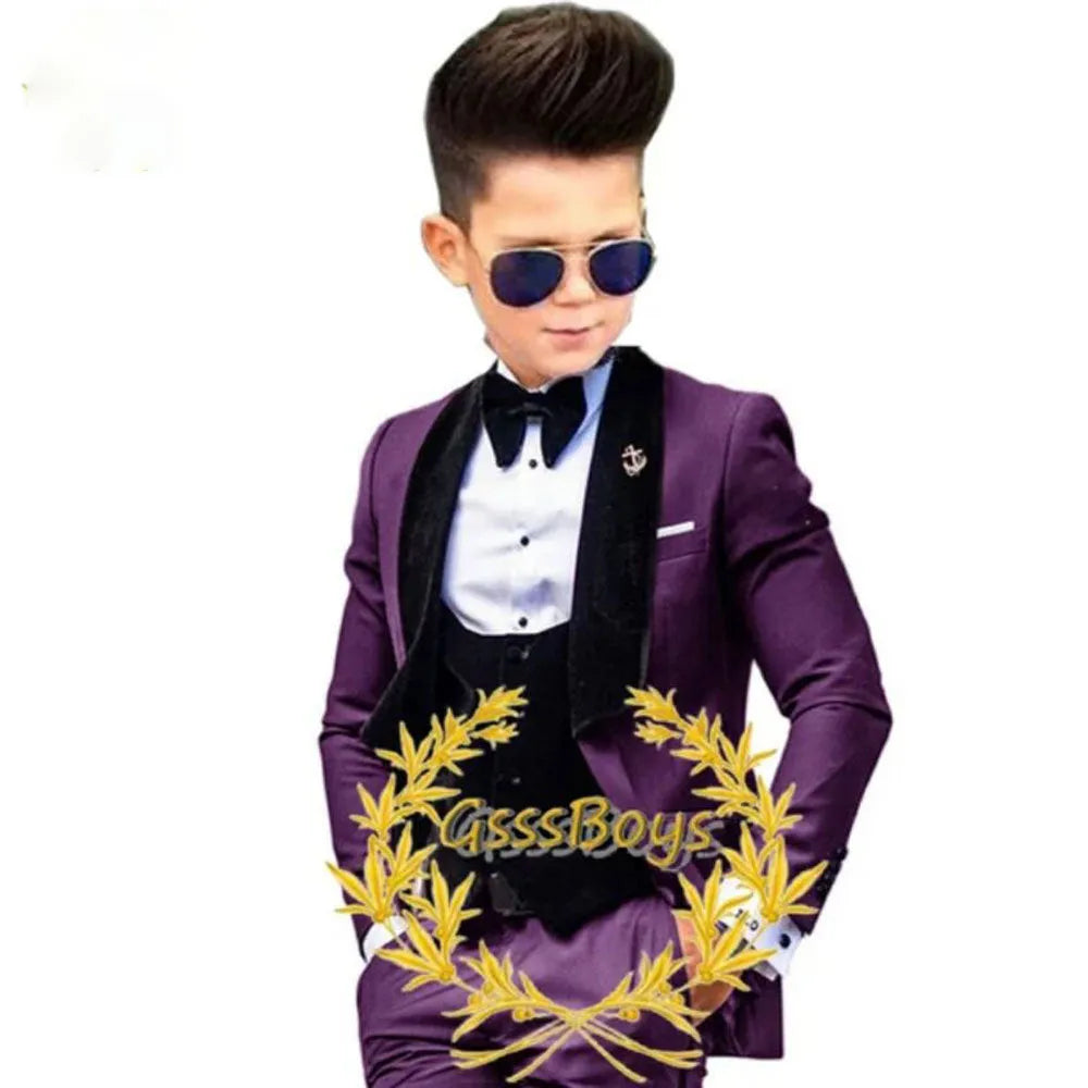 Boys' three-piece suit set with jacket, vest, and trousers in polyester, available in 11 colours and sizes 3T to 16T