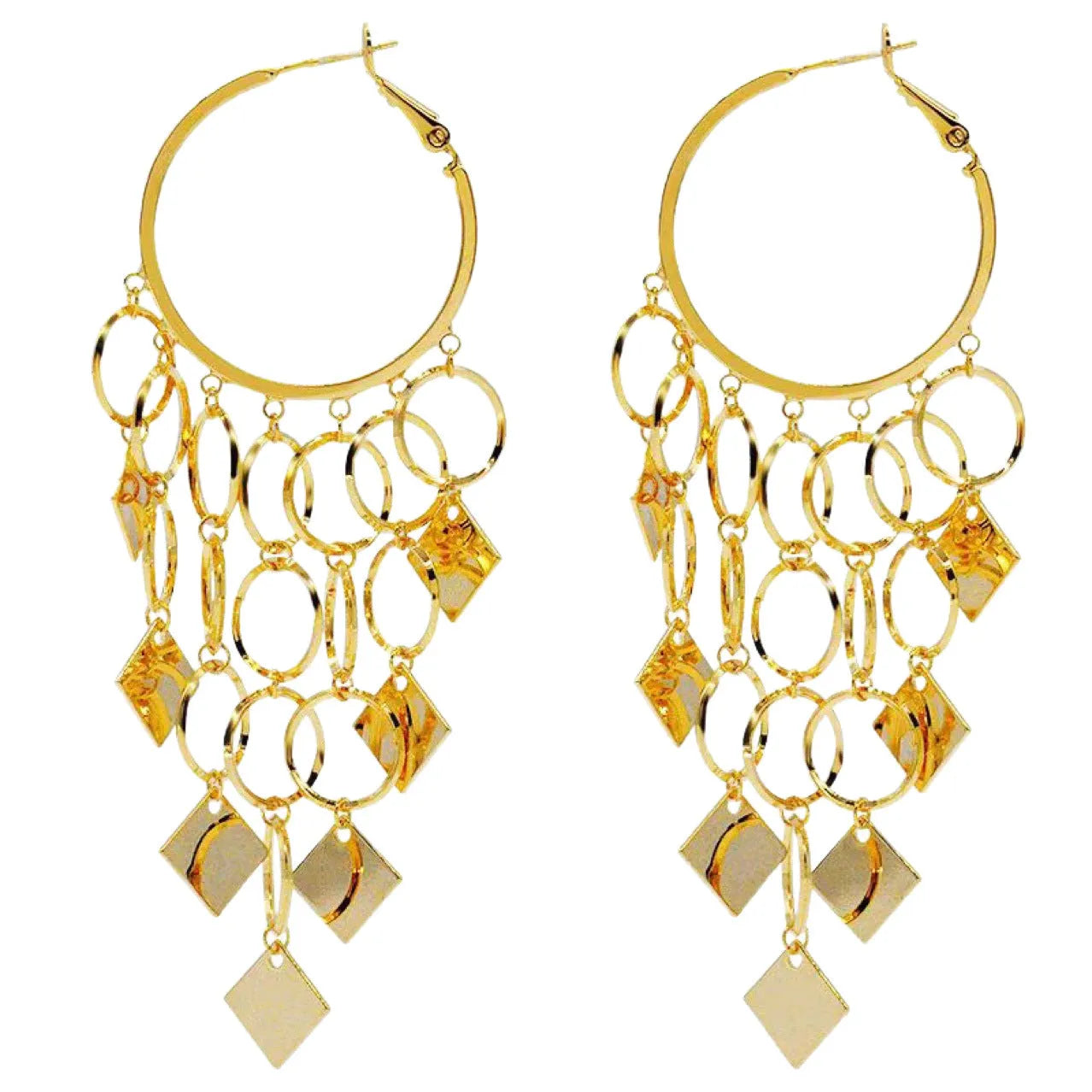 Women's diamond-shaped tassel earrings in gold or silver made from copper with electroplated finish