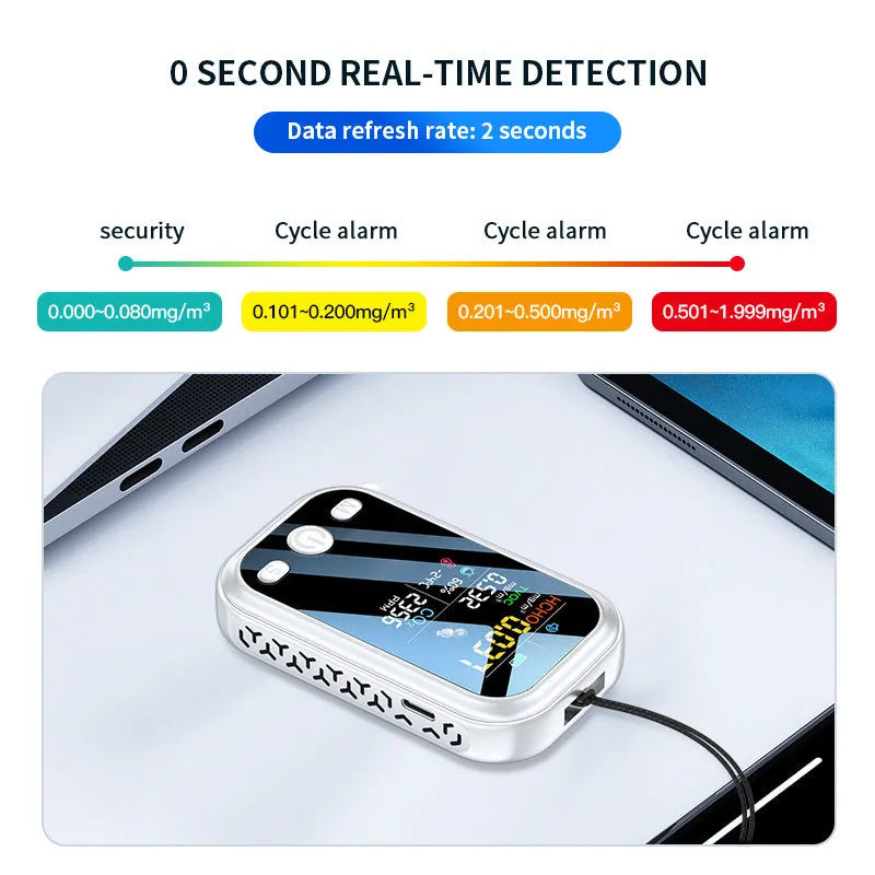 Handheld portable air quality detector with temperature and humidity display, black, 85x51x17mm