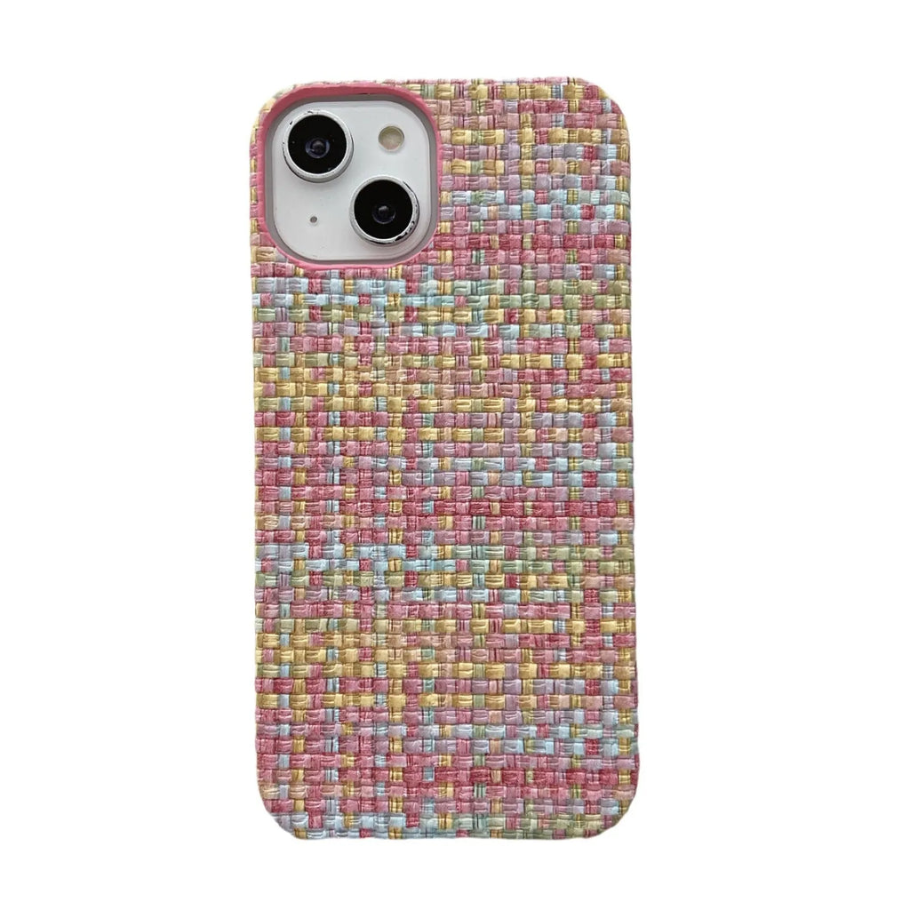 Hand-woven plaid TPU phone case in pink, shown on iPhone, with textured grip pattern and all-inclusive edges.