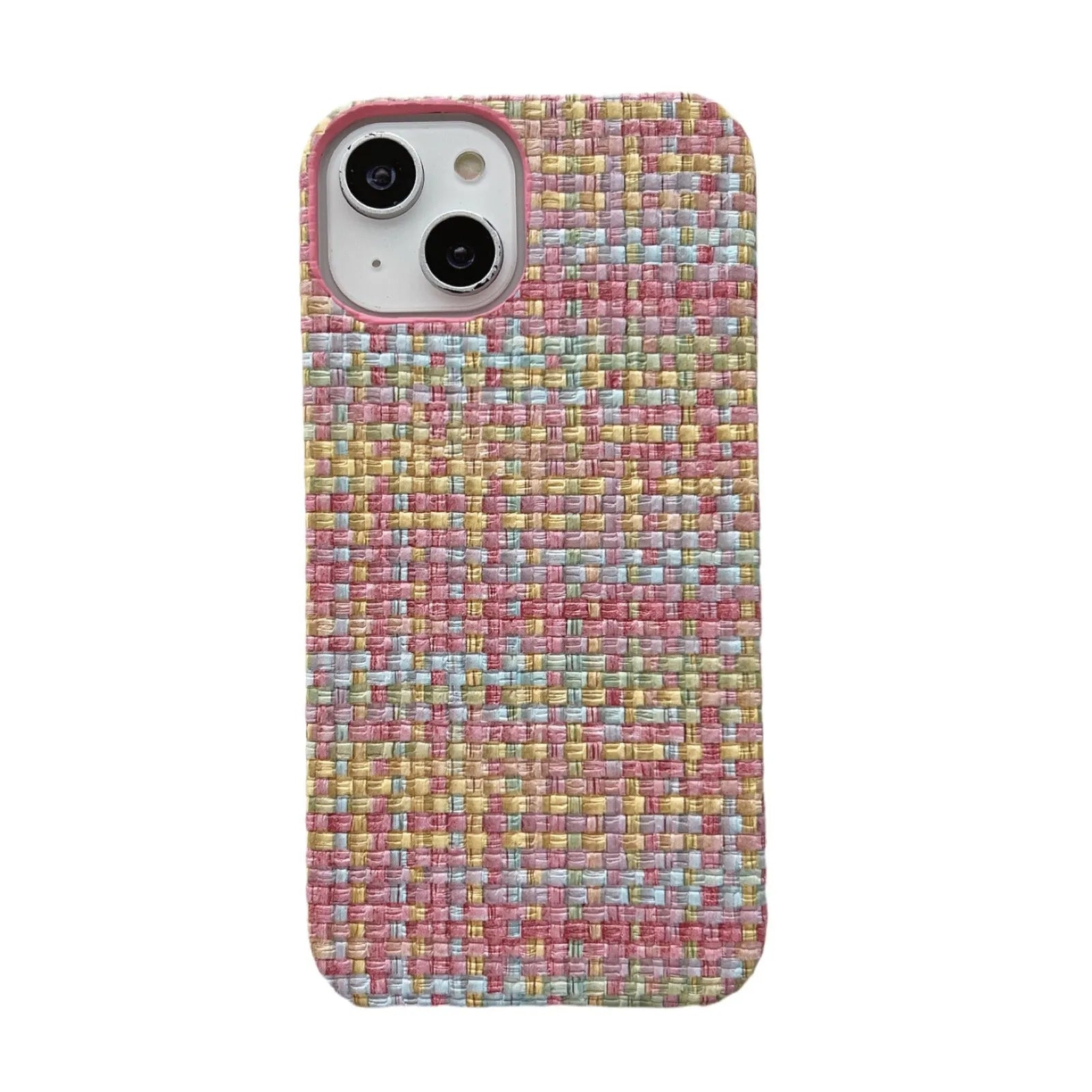 Hand-woven plaid TPU phone case in pink, shown on iPhone, with textured grip pattern and all-inclusive edges.