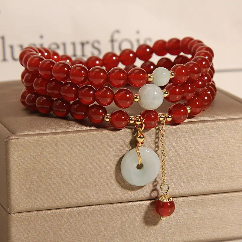 Women's multi-layer crystal bracelet with red agate stones in retro ethnic style