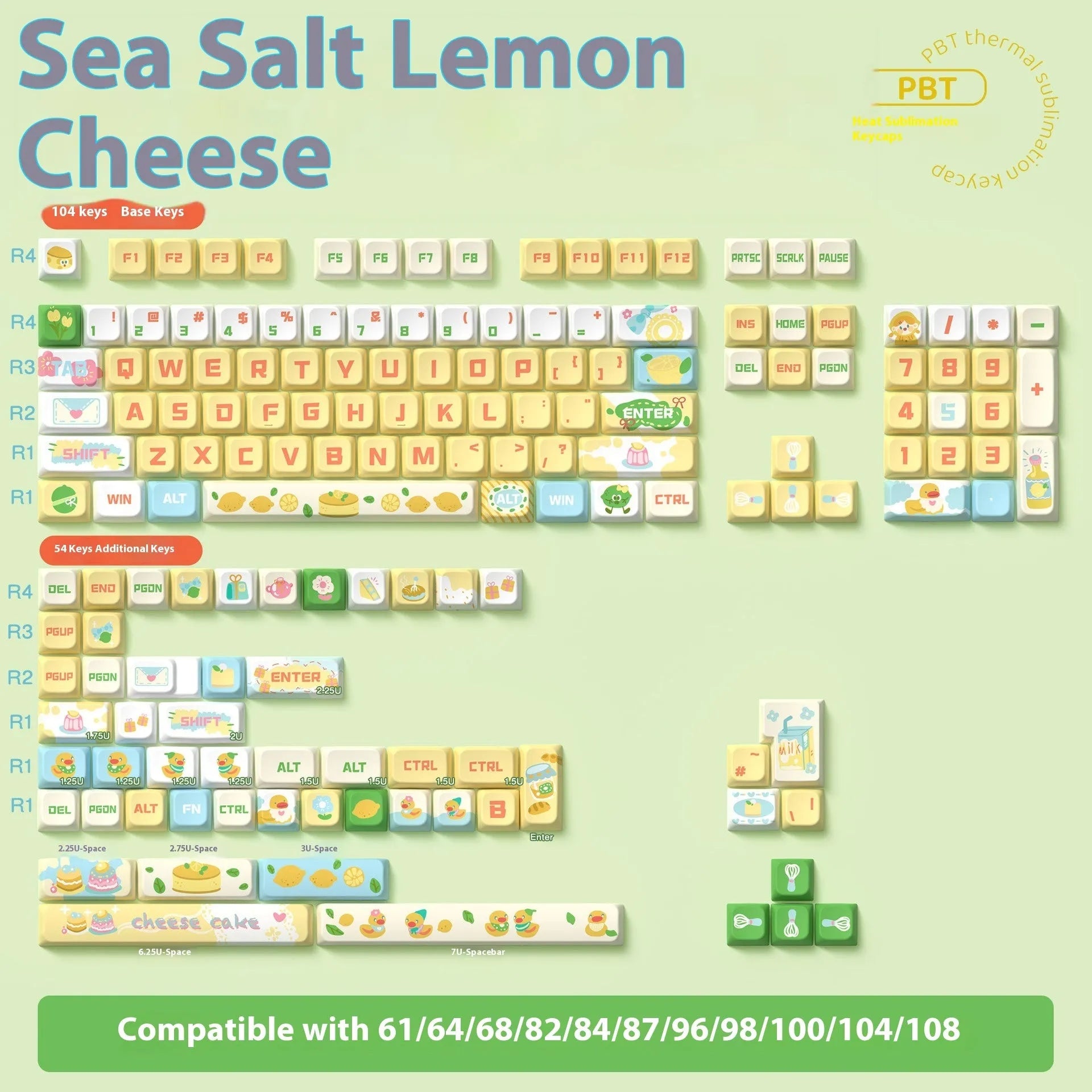 Custom PBT sublimation mechanical keyboard cap set in sea salt lemon cheese colour, 138 key or 158 key full set option