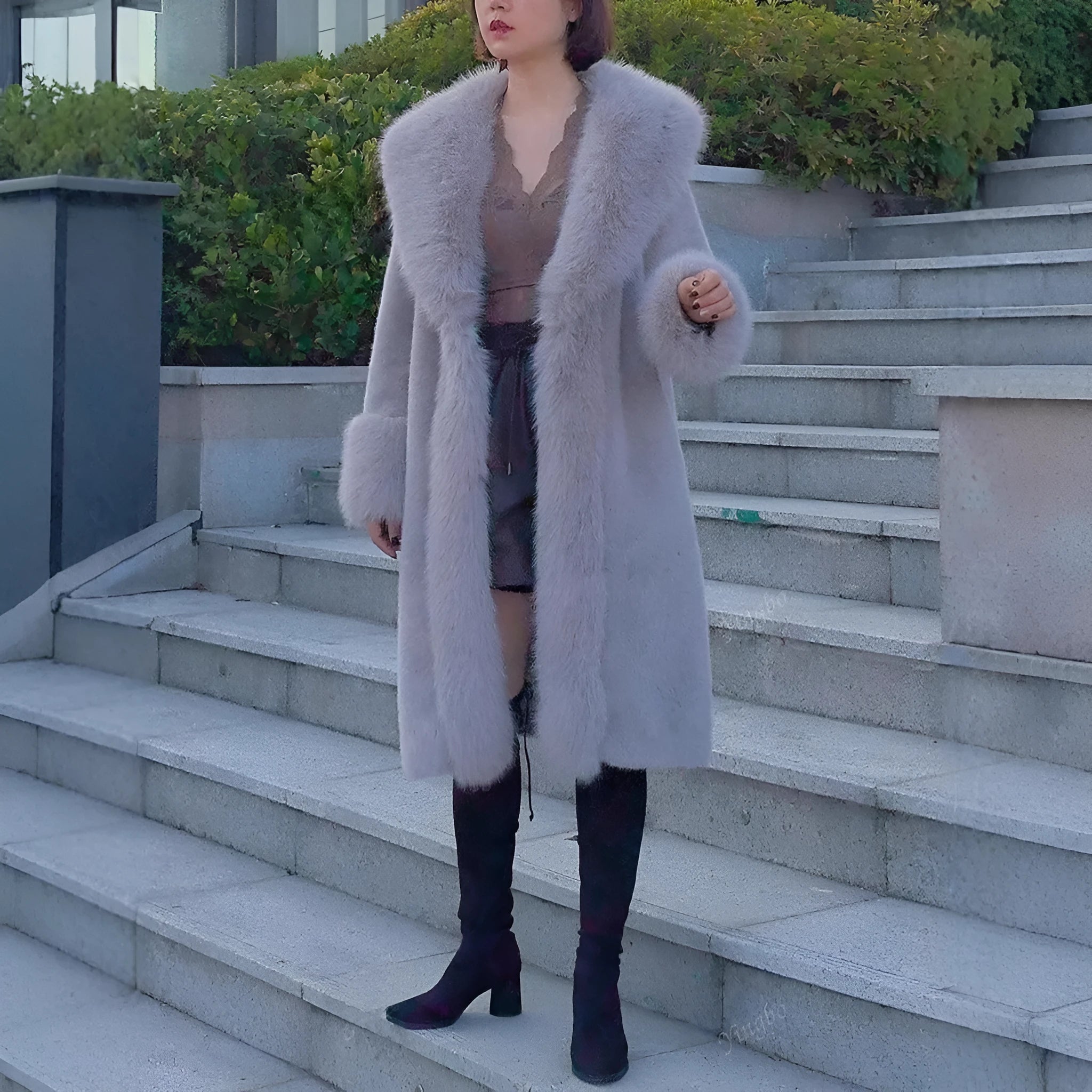 Women's grey faux rabbit fur mid-length coat with leather trim and a thick fur collar.