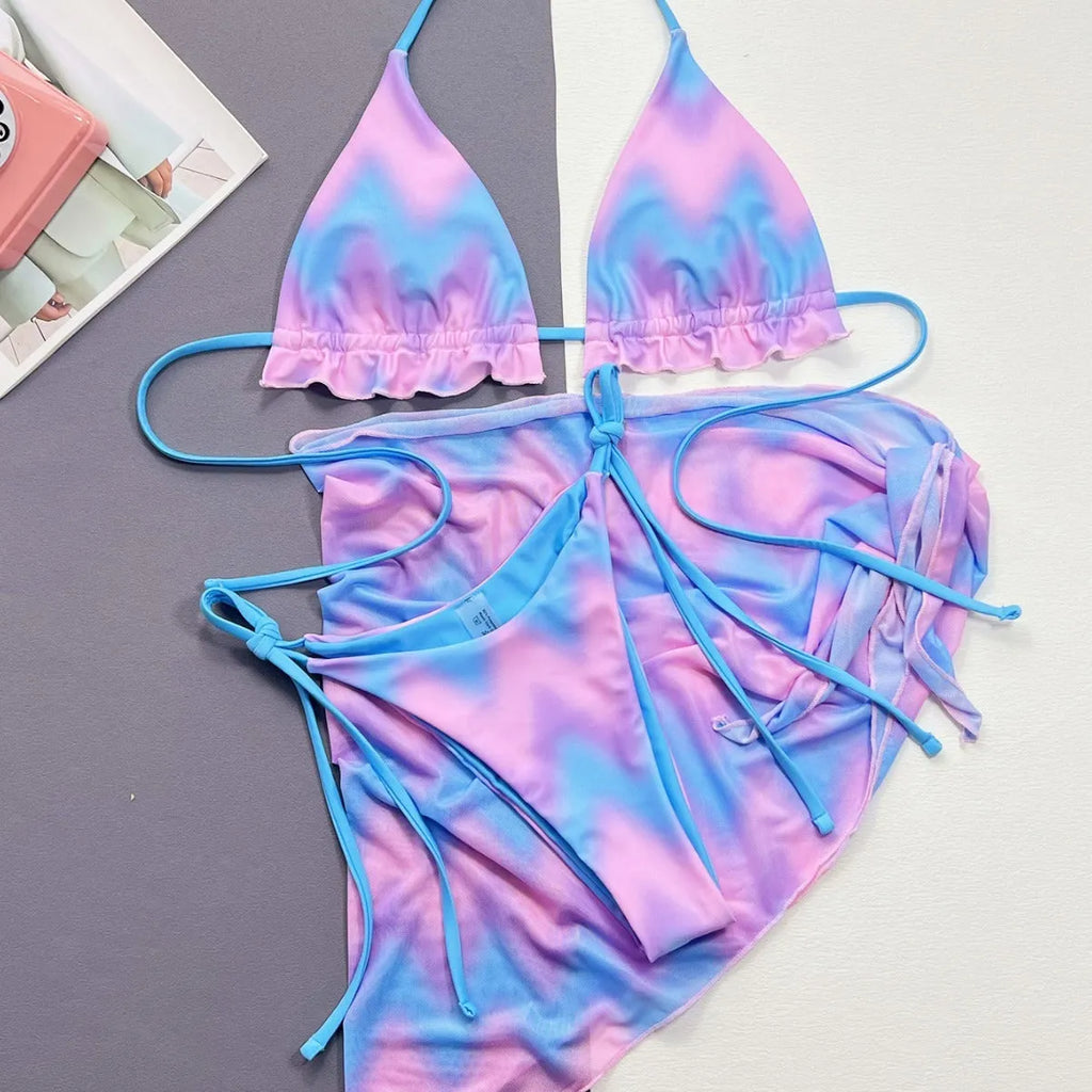 Women's split tie-dye swimsuit bikini set with polyester lining for swimming