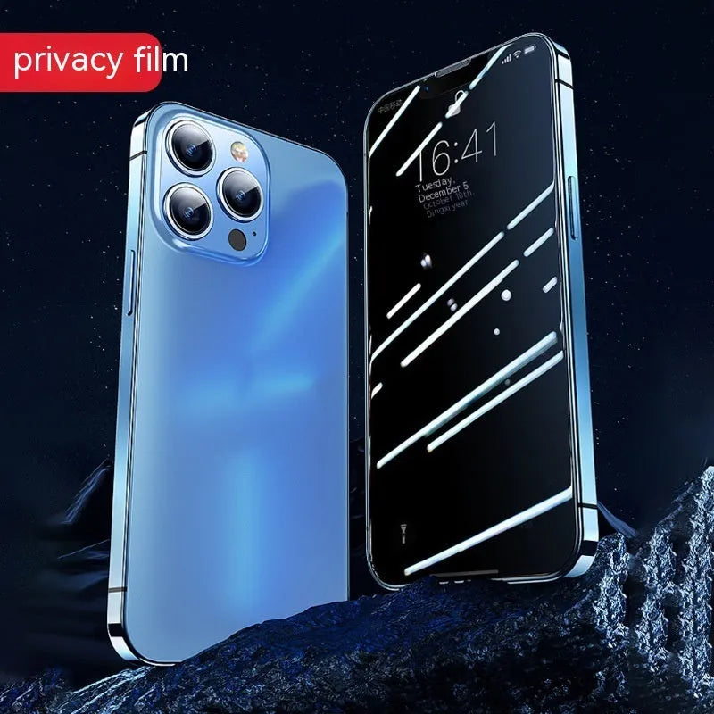 iPhone tempered glass privacy screen protector with application sticker box, showing frosted, peep-proof and clear HD options.