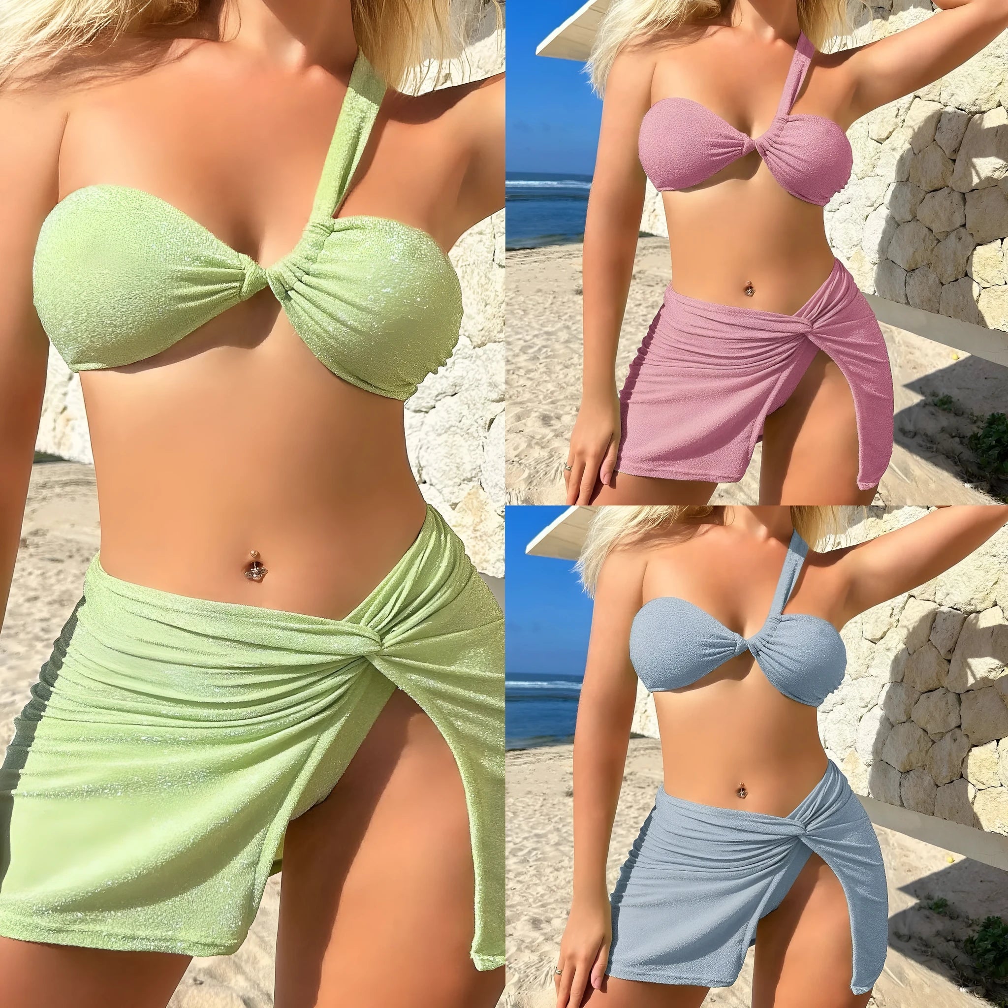 Women's one-shoulder tube top three-piece swimsuit set in glossy polyester, showing top, pants, and skirt in light green