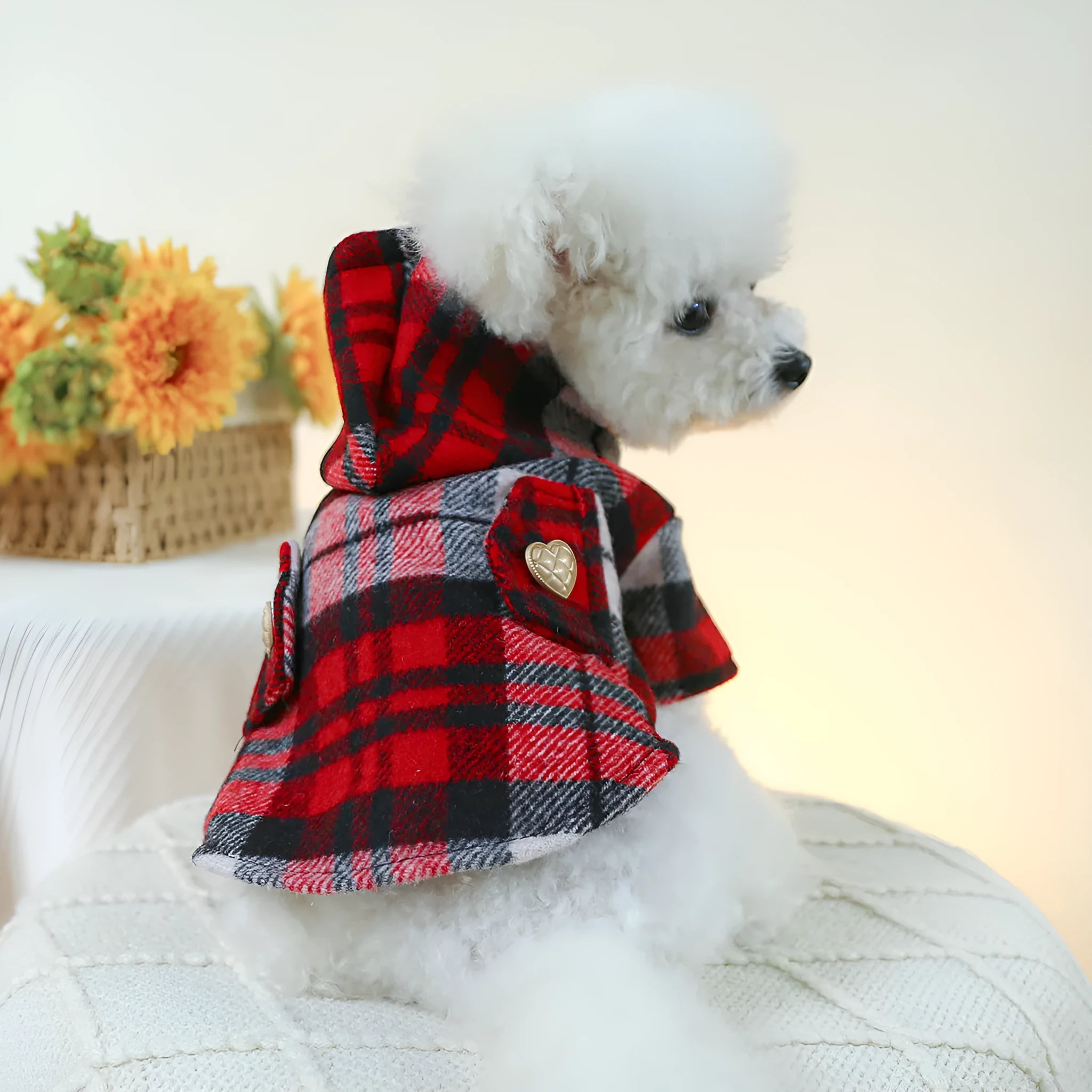 Red plaid polyester trench coat for pets with sizing from XS to XL