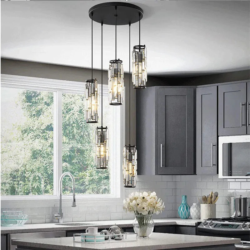 LED industrial crystal pendant light in black, gold, or chrome for dining room, aisle, or bedside, 220V