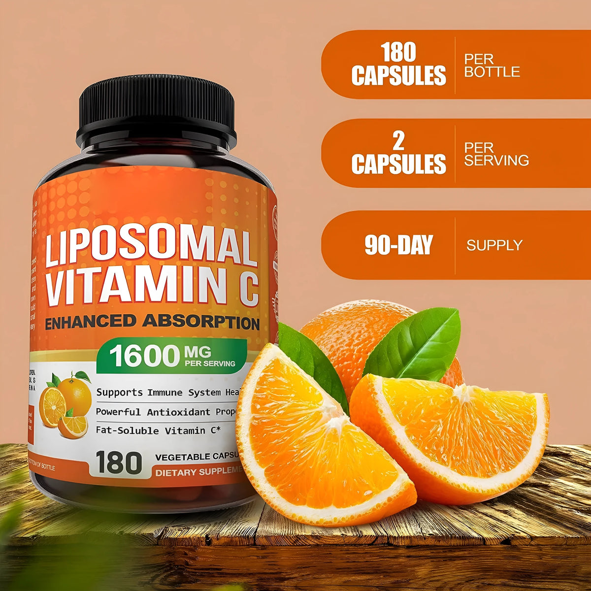 Vitamin C capsules supplement box with 180 pieces, adult use, normal temperature storage, vitamin C main raw material